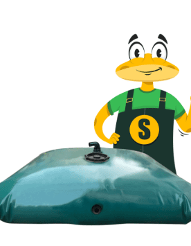 Illustration Maciterne Serena Group – flexible water tank with brass valve, mascot explaining rainwater tank installation